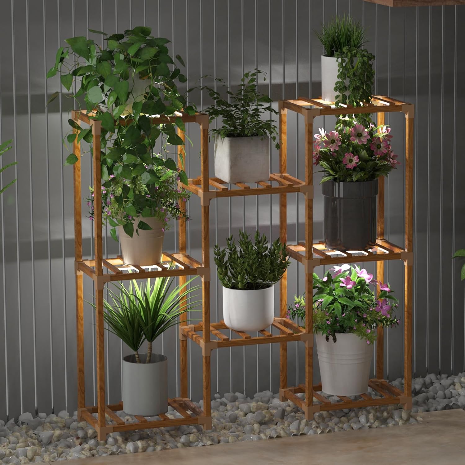 Wood Plant Stand With Grow Lights Multiple Flower Planter Pot Holder Shelf Rack Display for Indoor Outdoor Garden Balcony Living Room Office Home Corner (5 Tier-8 Potted)