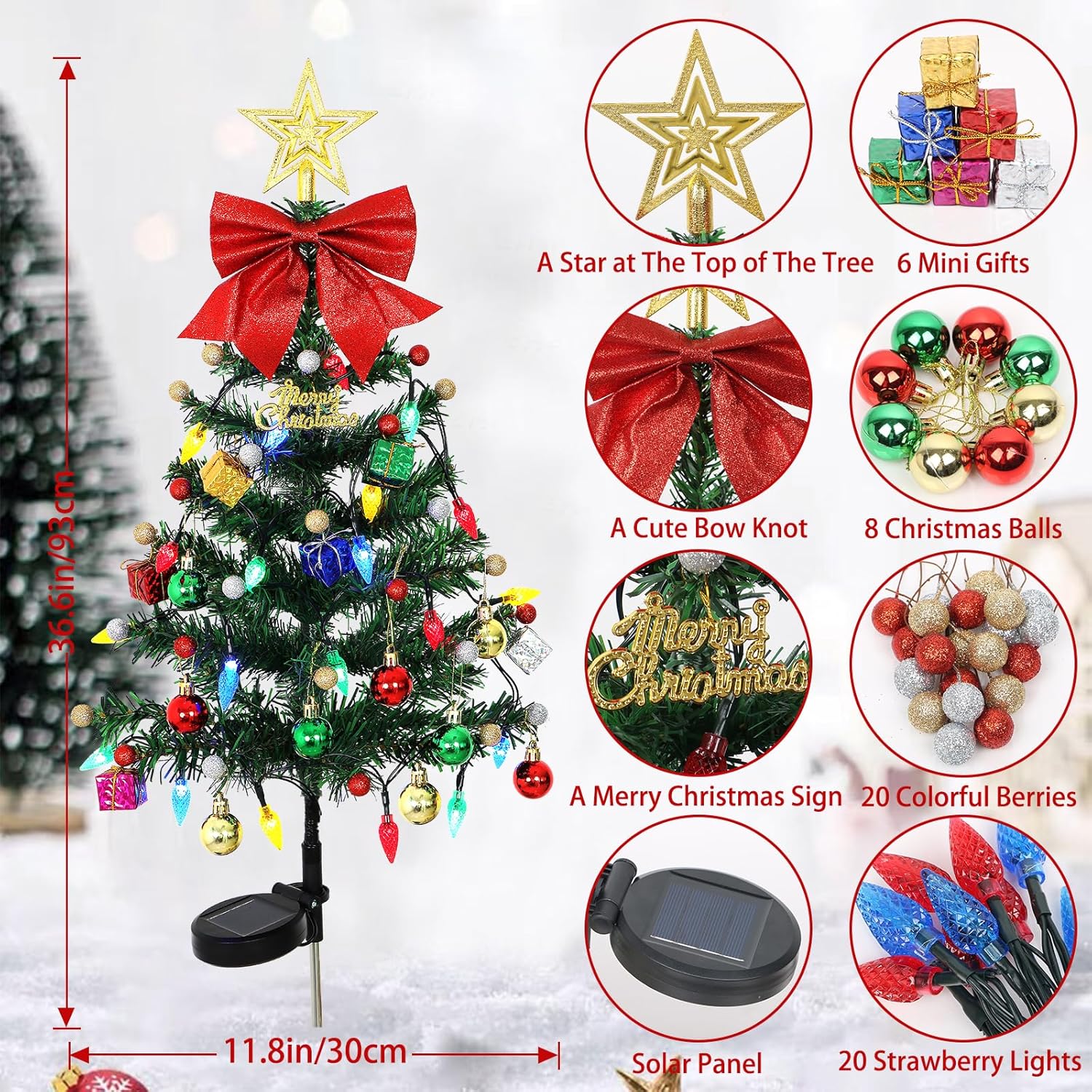 4 Pack Solar Christmas Tree Decoration Outside, 36.6 Inch Waterproof Prelit Solar Christmas Tree with 80 LED Lights Ball Gift for Porch Cemetery Pathway Yard (Christmas Tree 4PCS)