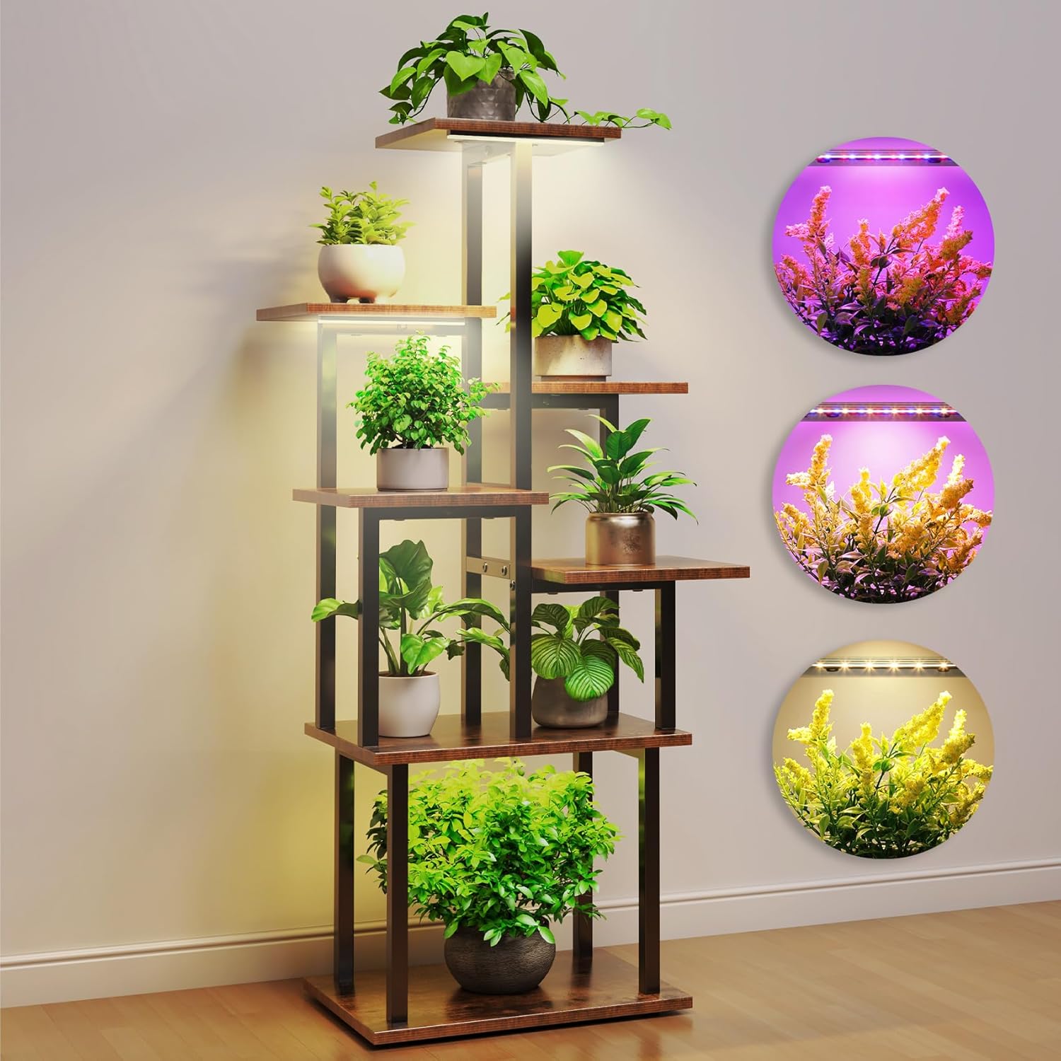 TC-HOMENY Plant Stand Indoor with Grow Lights, 7 Tiered Metal Plant Shelf, 45" Tall Irregular Plant Stand for Indoor Plants, Plants Flower Holder, Plant Shelf Display Rack for Patio, Living Room